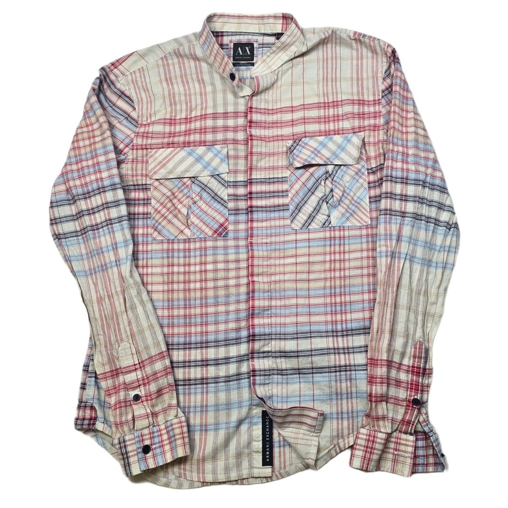 Armani Exchange AX Plaid Shirt Mens Medium Multi Patchwork Poplin Fitted Casual